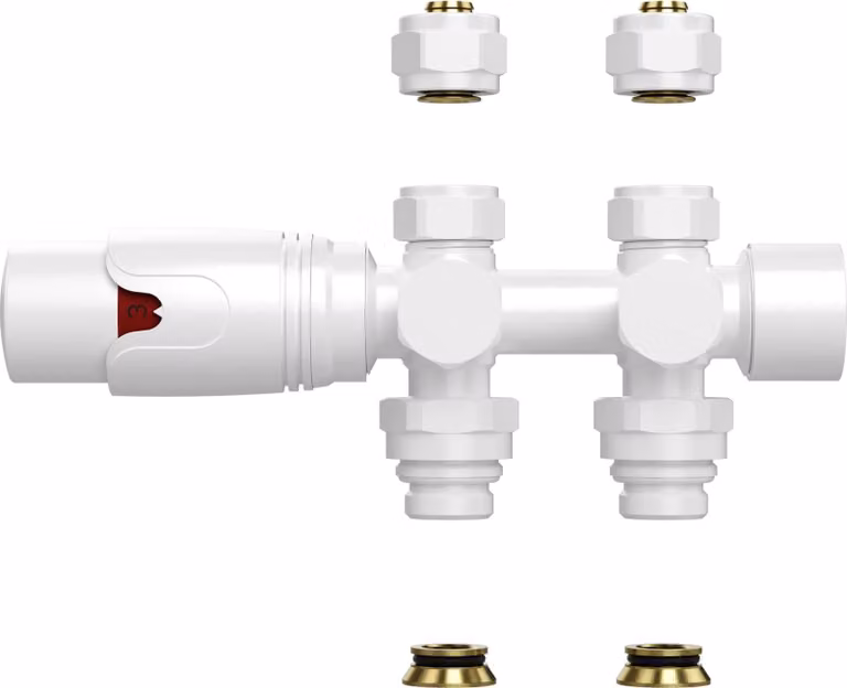 Valvola termostatica per radiatori Belvit Design, finitura bianca lucida, adatta per collegamento a parete o a pavimento, filettatura 1/2", compatibile con tubi PEX 16 x 2 mm, con cono M30