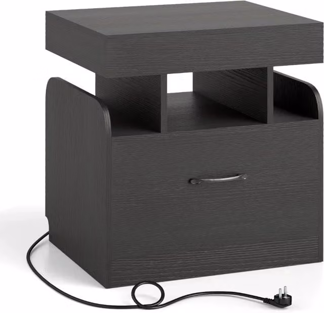Comodino moderno con stazione di ricarica accessibile 50 x 40 x 55 cm con vano portaoggetti scorrevole legno nero 20_0013932