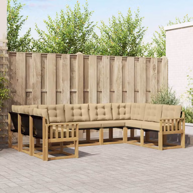 Set di divani da esterno vidaXL 9 pz a forma di U in legno di acacia con cuscini bianchi e beige
