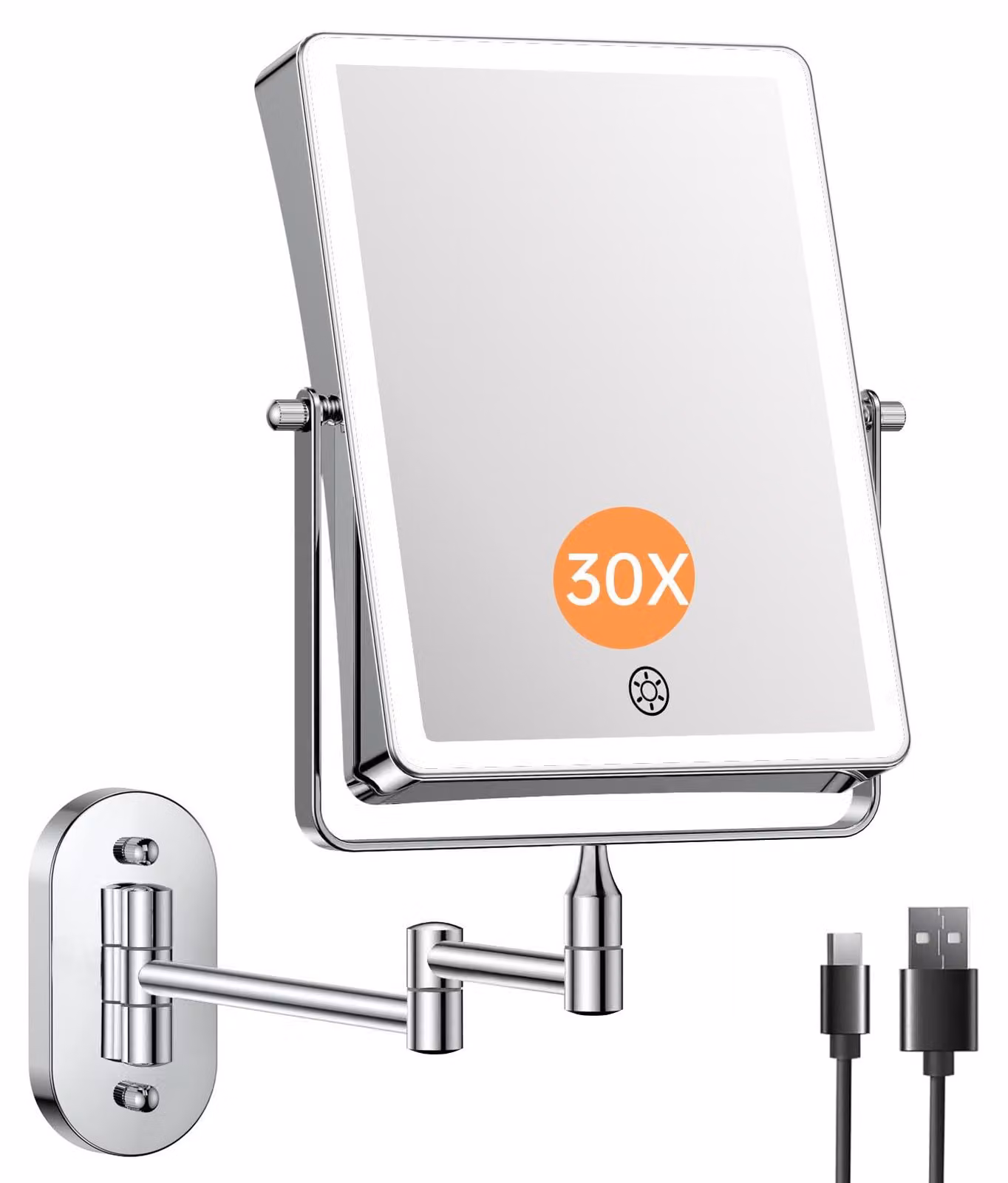 Specchio per il trucco con illuminazione a LED, batteria da 4500 mAh, forma rettangolare, ingrandimento 1x/20x, 3 tonalità di luce, da montare a parete