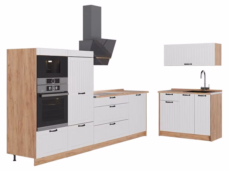 Cucina Vicco Fame-Line Bianco rustico/Rovere dorato 380 cm, PL Rovere, Model 64113