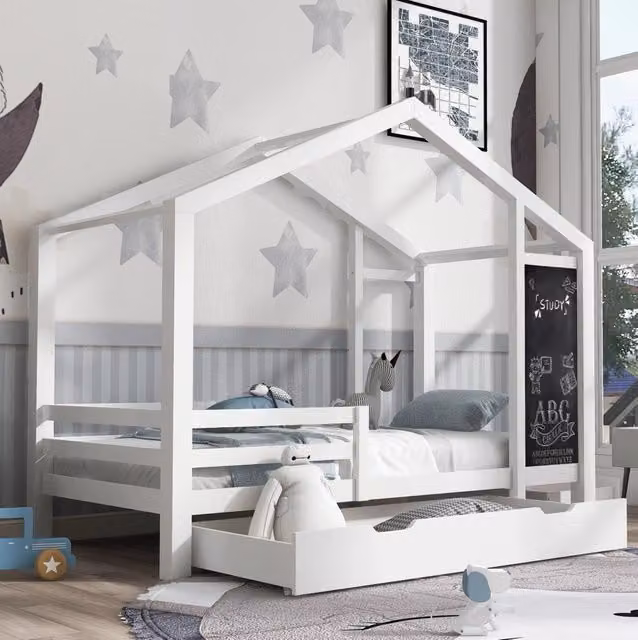 Letto a casetta per bambini 90x200 cm in legno massello bianco con lavagna e 2 cassetti