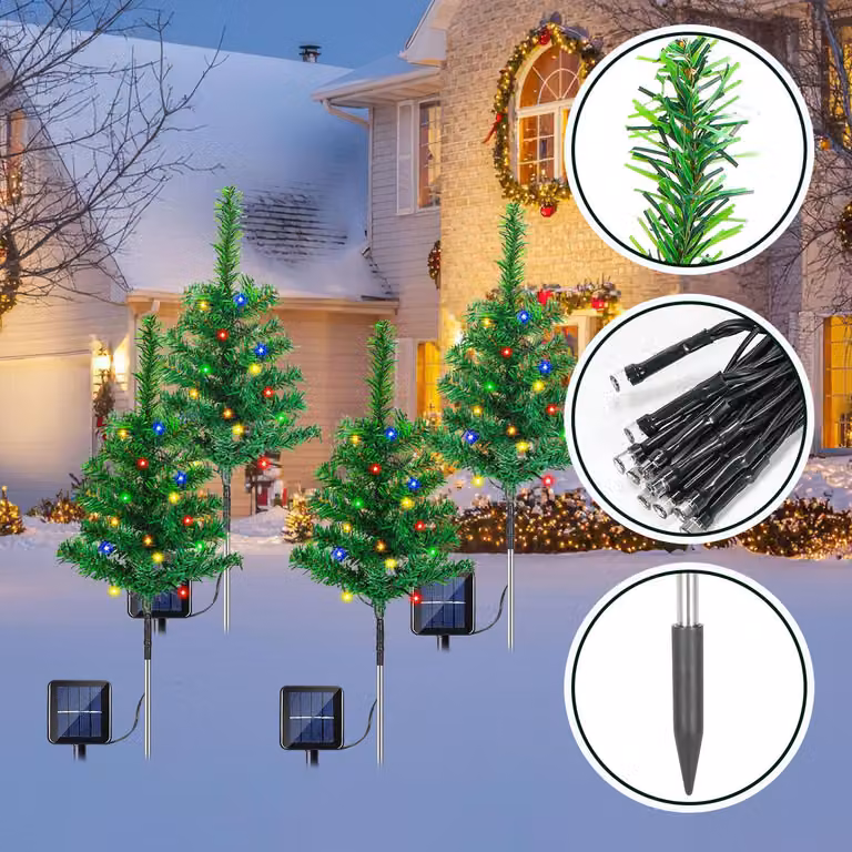 Set di 4 alberi di Natale solari Ikodm, altezza 50 cm, con 80 LED, 8 modalità, grado di protezione IP65, ideali per giardino e vialetti