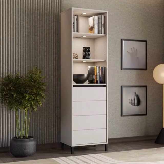 Vetrina Espositore DMORA con Ante in Vetro e 4 Ripiani, Bianco Crema, L: 55 cm, P: 40 cm, H: 193 cm