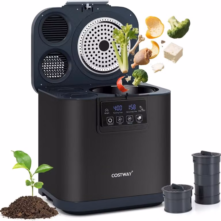 Compostiera elettrica da cucina Costway con coperchio auto-pulente, macchina intelligente per trasformare i rifiuti alimentari in fertilizzante, colore nero, capacità 4 L