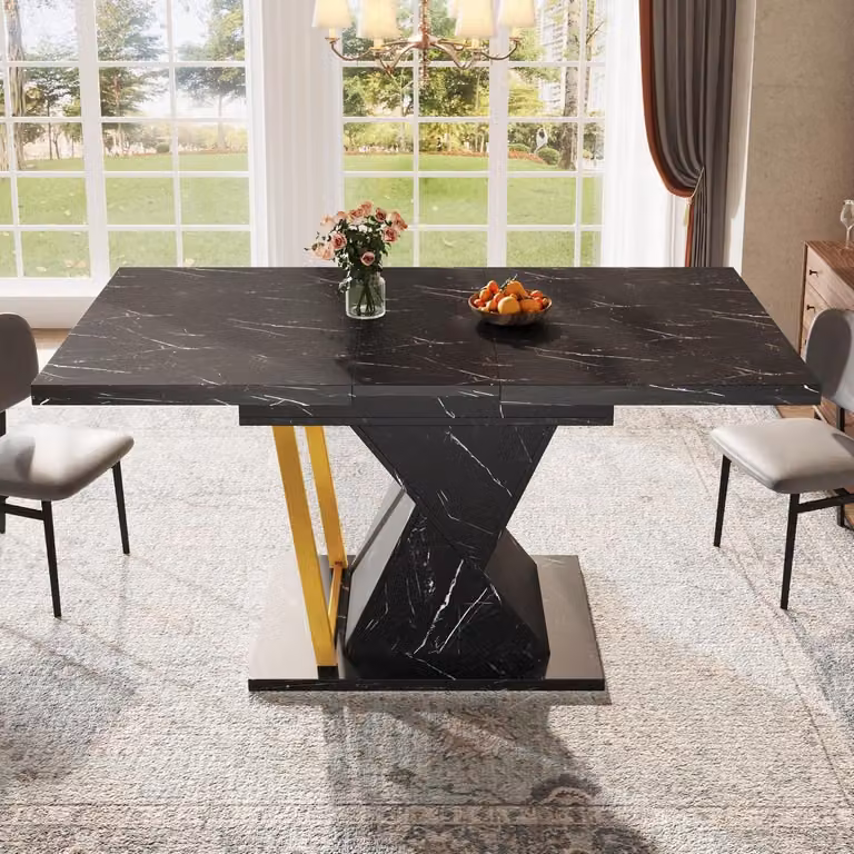 Tavolo da pranzo estendibile, effetto marmo, nero, 110-140 x 80 x 76 cm, in MDF
