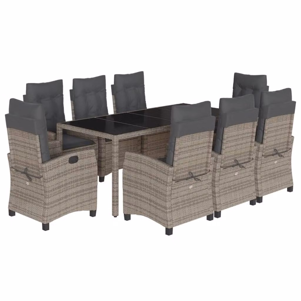 Set da Pranzo da Giardino 9 pz con Cuscini in Polyrattan Grigio