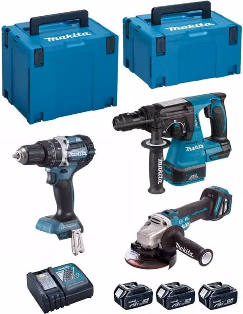 Kit utensili a batteria Makita DLX3119TJ con avvitatore DHP484, trapano perforatore DHR243, smerigliatrice DGA513, 3 batterie da 18V 5,0 Ah, caricabatterie DC18RC e sistemi di contenimento MAKPAC