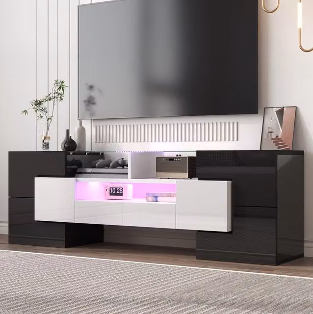Mobile TV moderno con LED multicolore; 145 cm; bianco lucido e nero