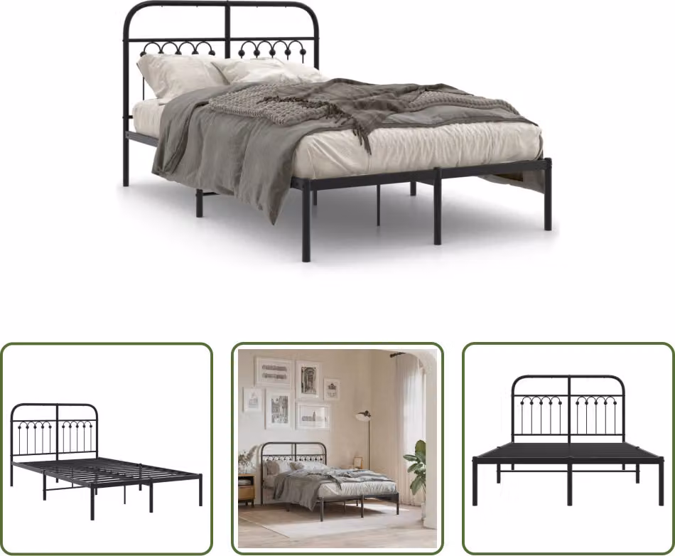The Living Store Struttura letto con testiera in metallo nero 120x190 cm