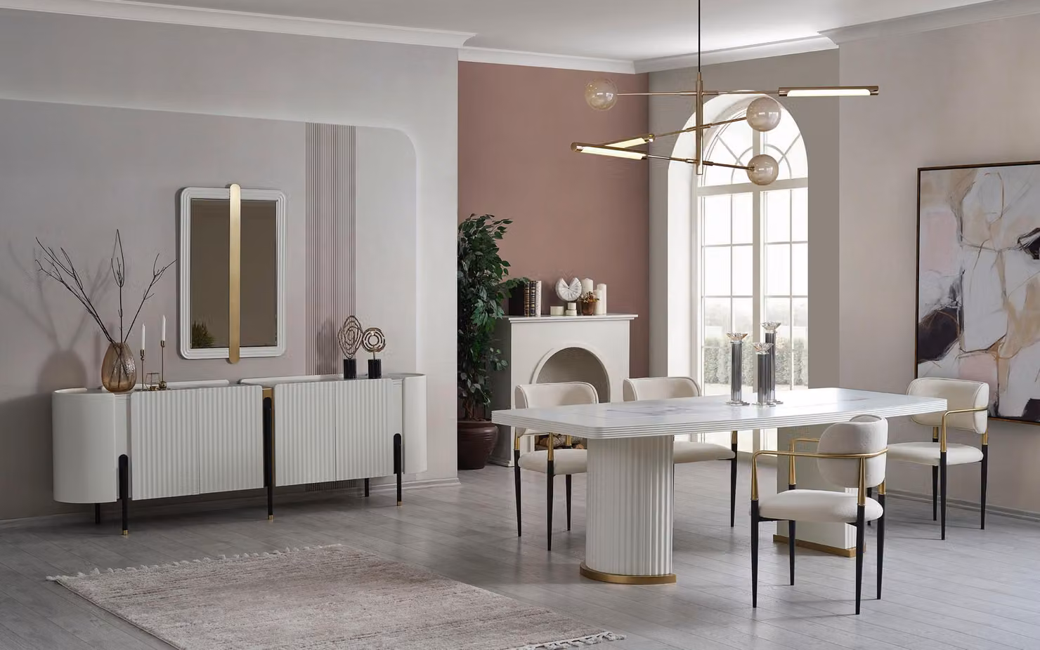 Esszimmer Set Esstisch 4xStühle Kommod mit spiegel Set Modern Essgruppe