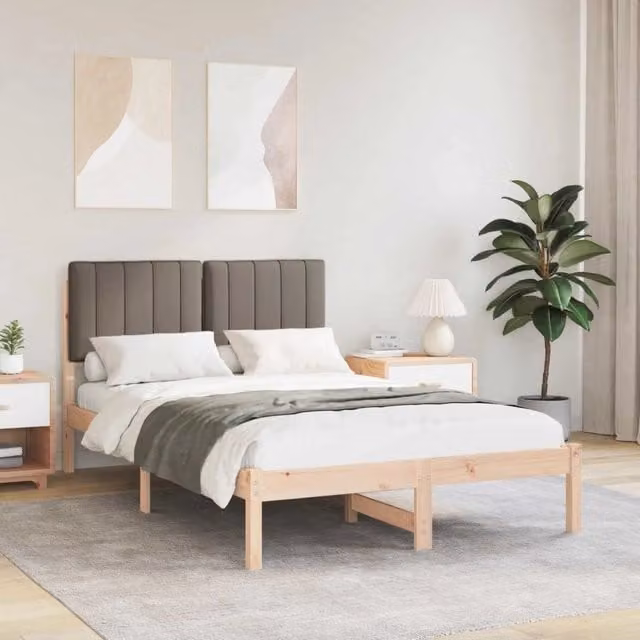 Letto moderno vidaXL in legno di pino con testiera rivestita in tessuto, colori beige, marrone e grigio, L/P/H: 200 x 120 x 84,5 cm