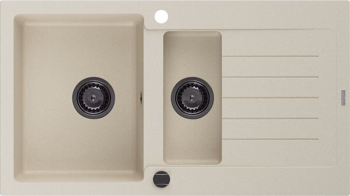 Mexen Matias lavello in granito 1,5 vasche con gocciolatoio 900 x 505 mm, beige, sifone nero - 6502901505-69-B