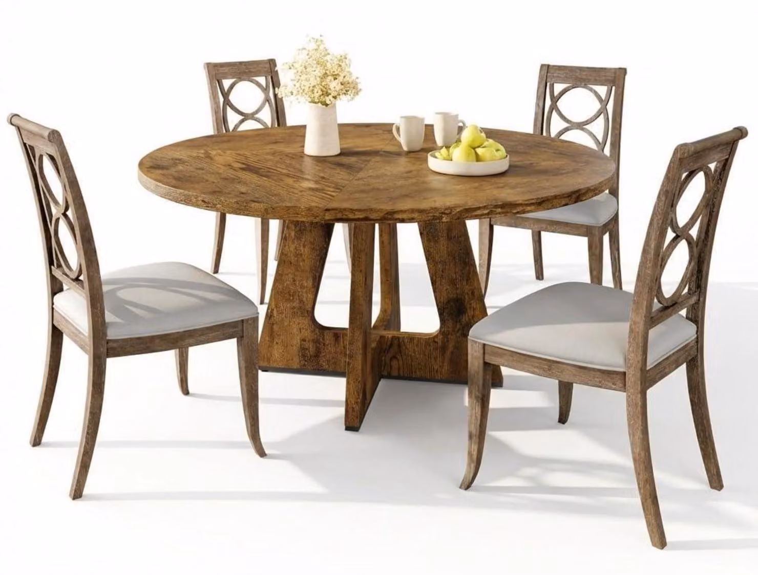 Tavolo rotondo da pranzo, diametro 120 cm, color legno marrone, stile rustico, per 4-6 persone (solo tavolo)