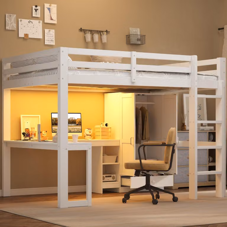 Letto a soppalco 90x200 cm con scrivania, scaffali, armadio, scala, porta USB e illuminazione a LED, realizzato in MDF e legno di pino, colore bianco