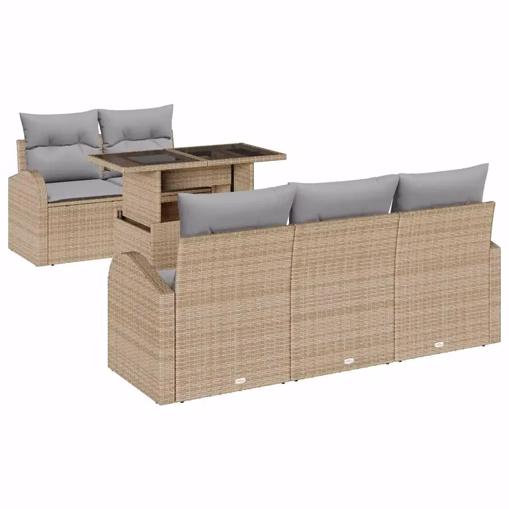 vidaXL Set Divano da Giardino Moderno a Forma di U composto da 6 Pezzi con Tavolino, Colore Beige e Grigio, Struttura in Acciaio e Rattan con Cuscini Inclusi – 2