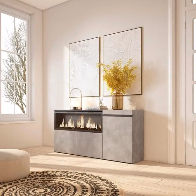 Credenza, Mobile, 158x35x75cm, 3 Porte, Camino elettrico XXL, grigio cemento RF3286