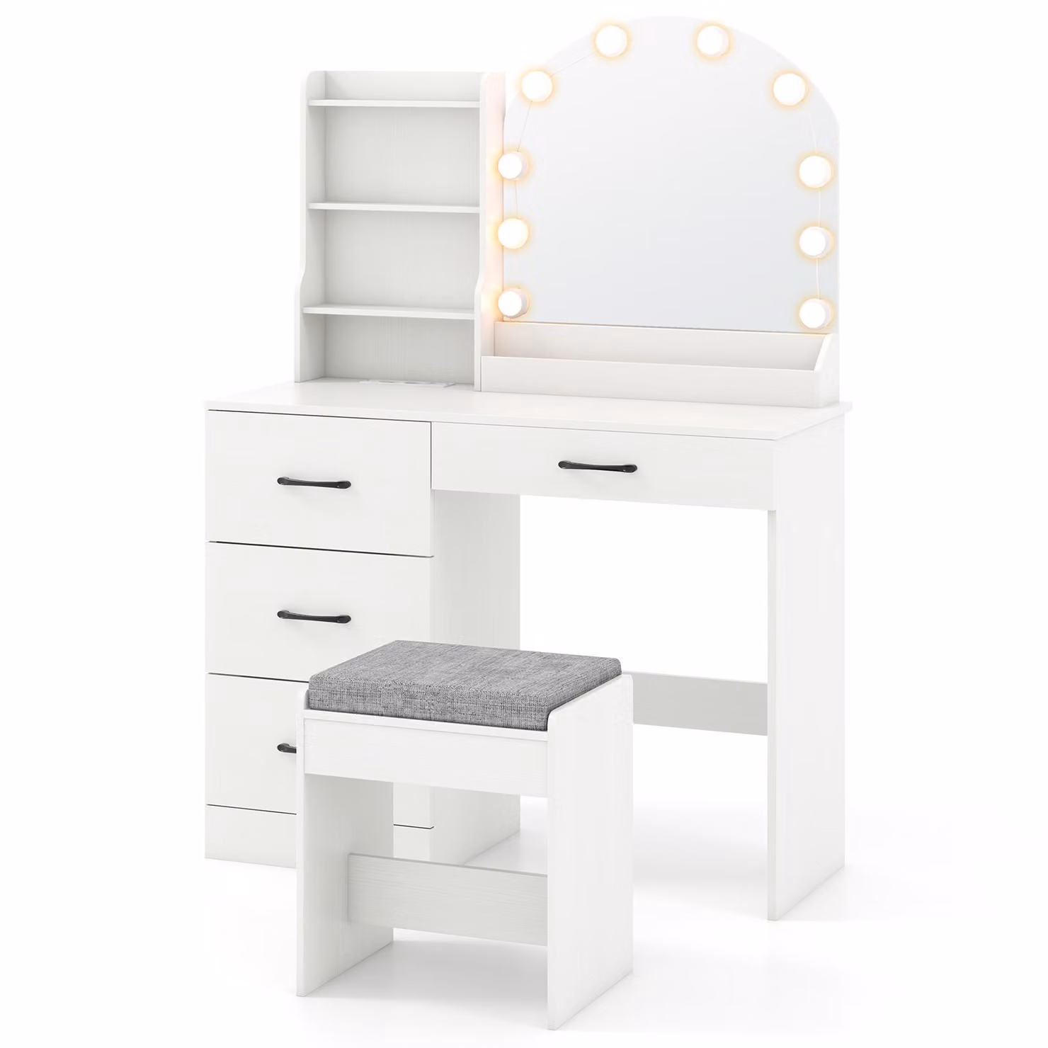 COSTWAY tavolo da trucco tavolo da toeletta tavolo cosmetico con sgabello, stazione di ricarica, LED, 3 colori con luminosità regolabile, specchio e 4 cassetti bianco