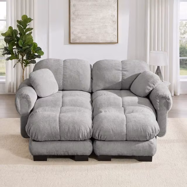 Divano modulare a U 190 x 149 x 90 cm con pouf mobile; due posti in ciniglia; grigio chiaro