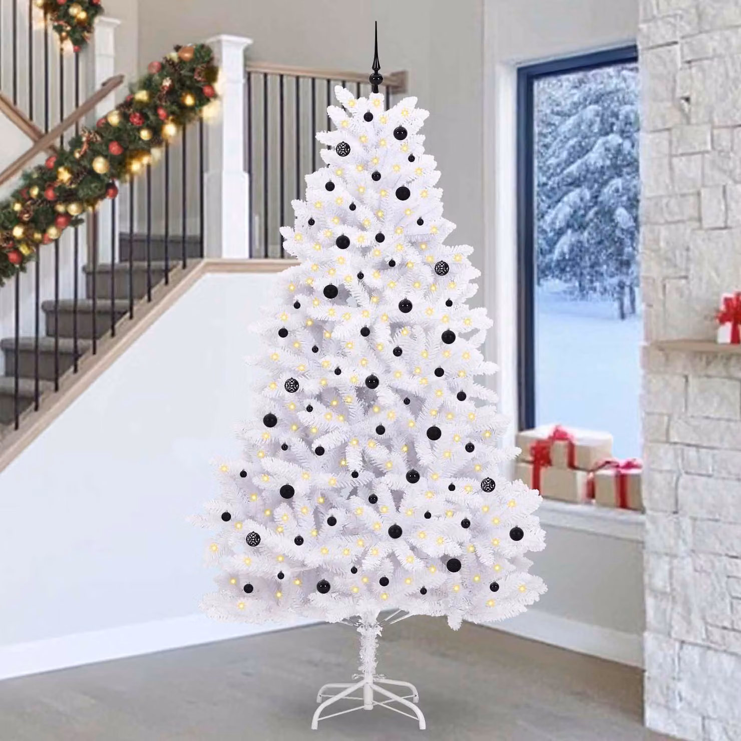 Albero di Natale Artificiale Moderno vidaXL Bianco con LED Warm White e Rami Pieghevoli, Altezza: 270 cm