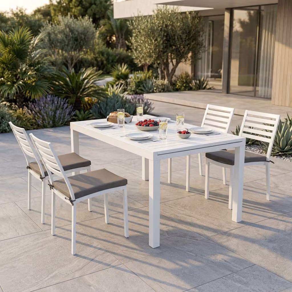 Milani Home - Set Tavolo Giardino Allungabile Rettangolare 160/240x90 Con 4 Sedie In Alluminio Bianco Da Esterno - Bianco