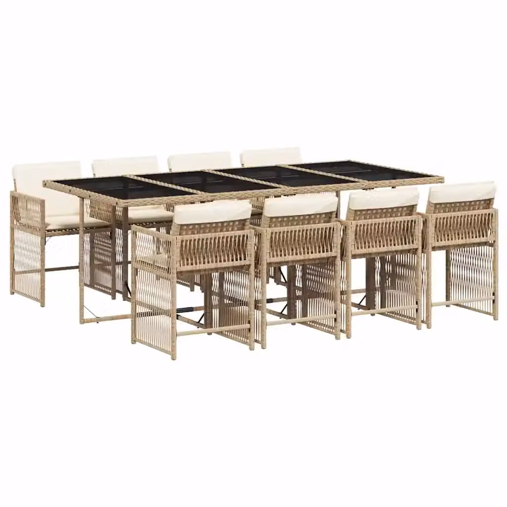 vidaXL Set da Pranzo da Giardino 9 pz in Polyrattan con Cuscini Beige e Piano in Vetro – 2