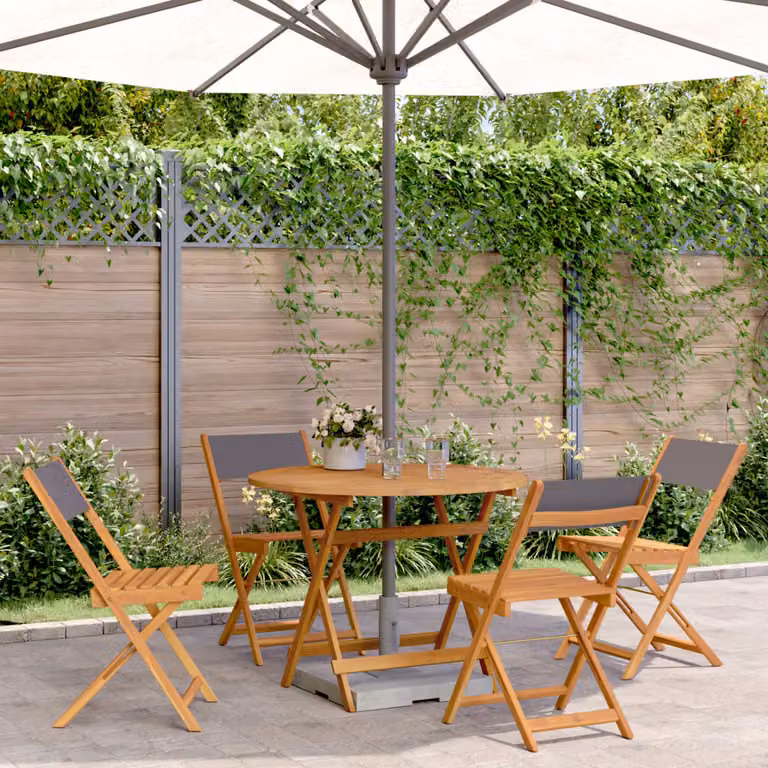 Set da pranzo da giardino vidaXL in 5 pezzi con tavolo rotondo e sedie in legno di acacia oliato e tessuto, colore antracite e marrone