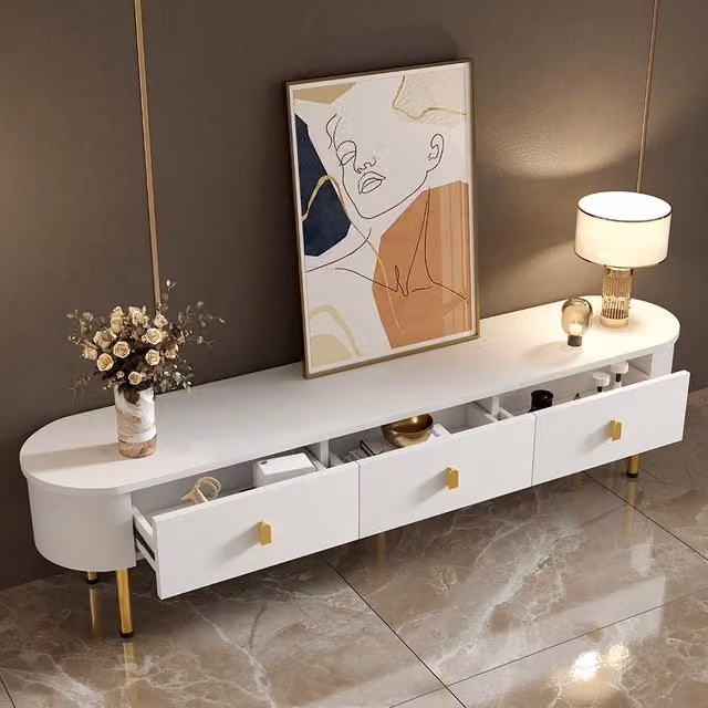 Mobile TV Buffet basso - Xylo - Bianco con maniglie e piedi dorati angoli curvi