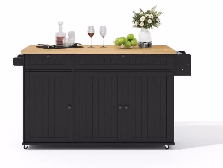 Isola da cucina con piano di lavoro pieghevole - Mobile da cucina su 6 ruote regolabili - 2 cassetti grandi e un armadietto - Materiale: MDF - Colore: nero - Dimensioni: 137 x 89,5 x 45 cm