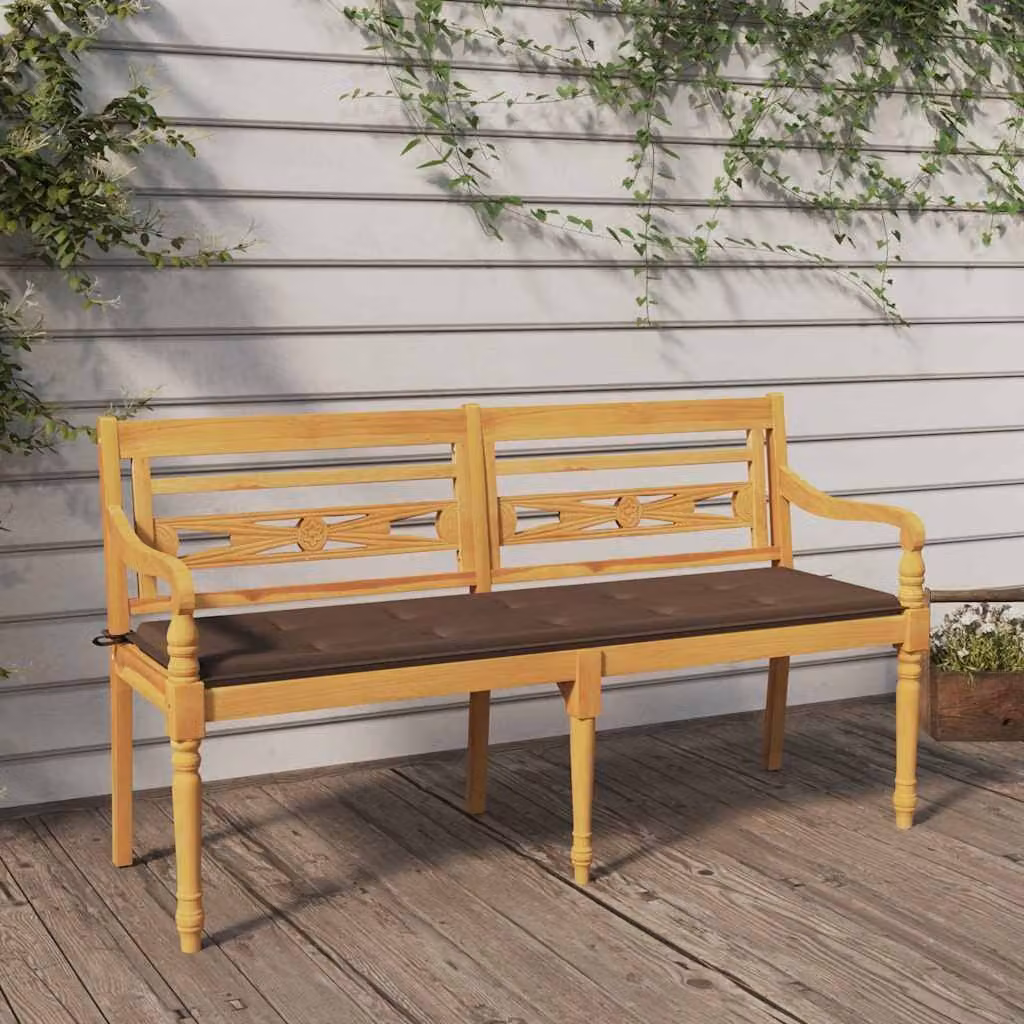 Panchina da giardino Batavia vidaXL in legno massello di teak con cuscini color tortora e braccioli, L: 150 cm