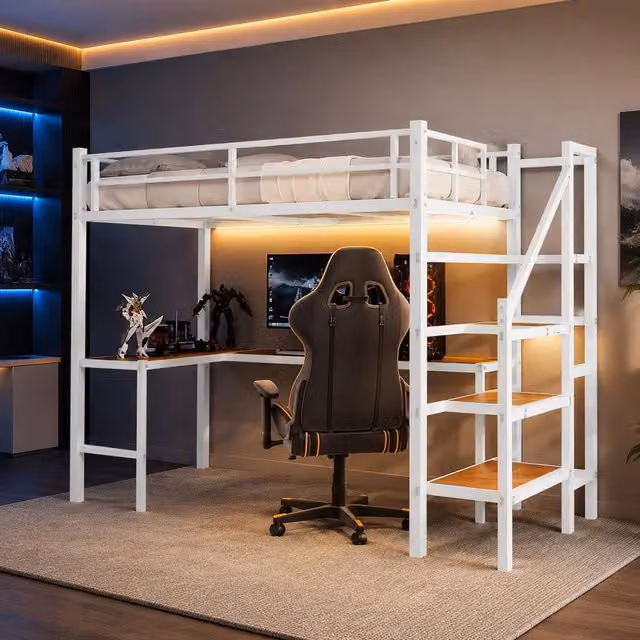 Desviae Letto a soppalco in ferro bianco con scrivania a L integrata scala con vani portaoggetti ripiani e pannello forato