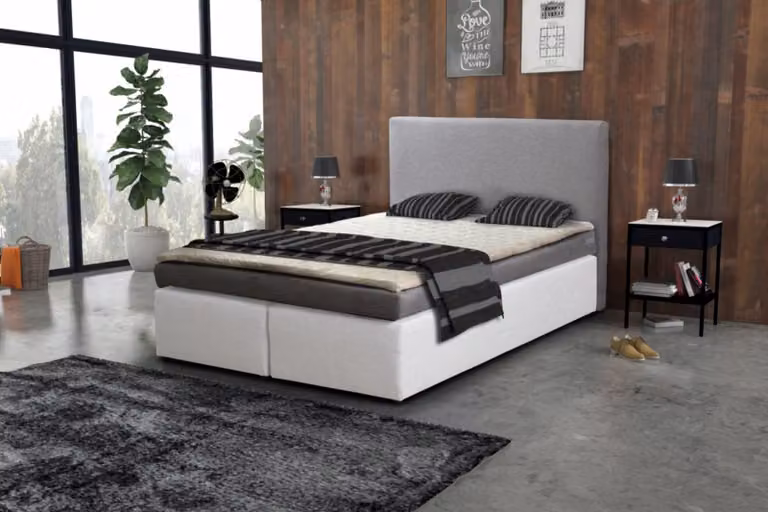 Letto con rete a molle Bonell, dimensioni 140x200, ideale per hotel, con topper Paxos, disponibile nei colori grigio e bianco