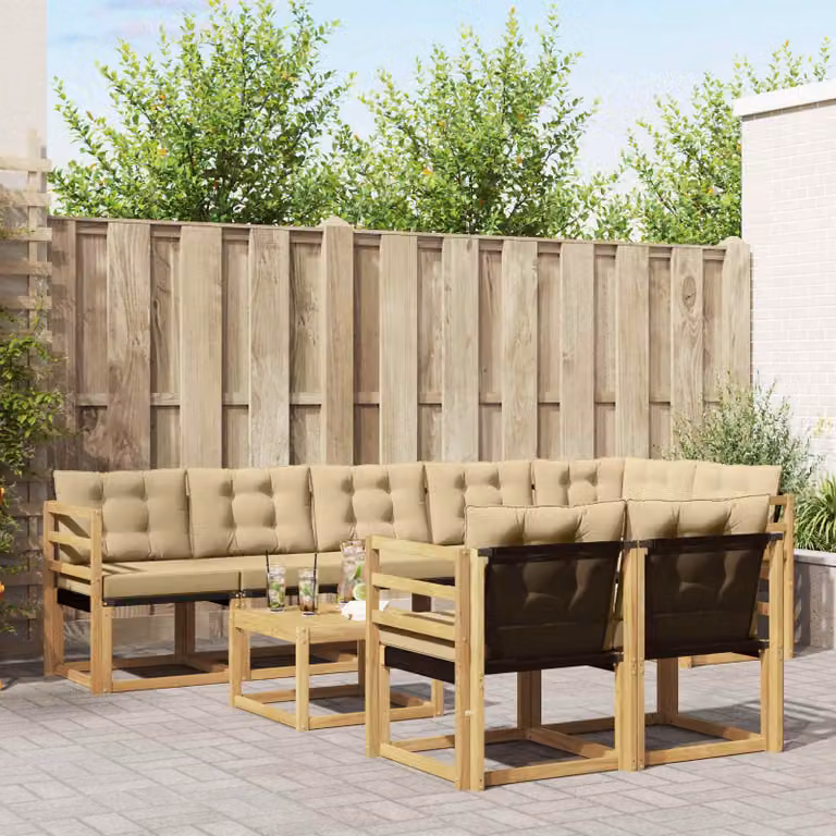 vidaXL Set di divani da esterno moderno a L composto da 9 pezzi in legno di acacia con cuscini in tessuto bianco e beige