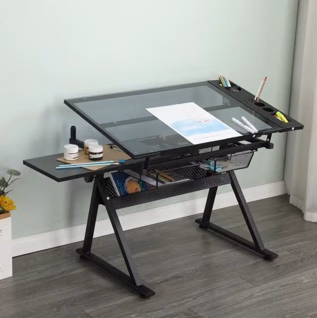 Tavolo da disegno regolabile in vetro temperato con sedia nero