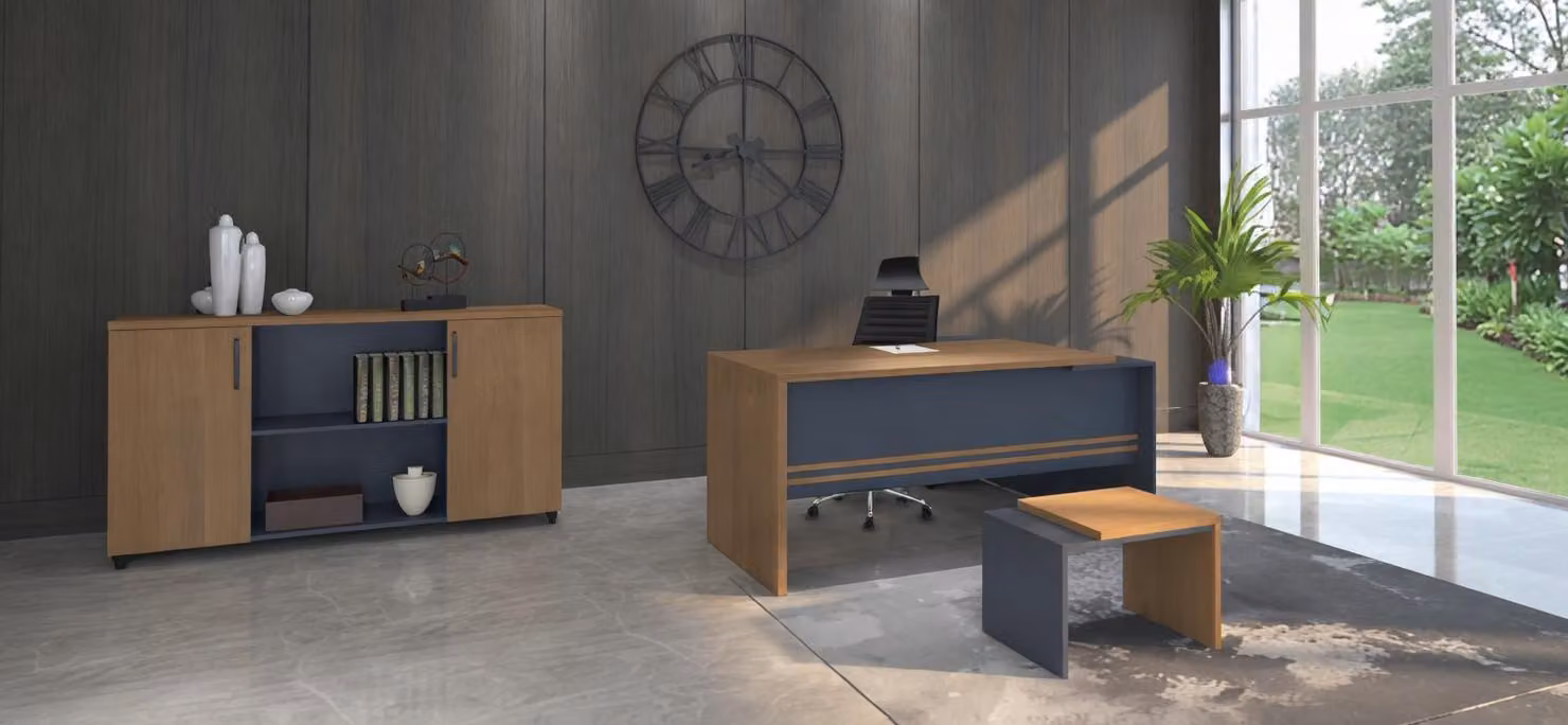 Set moderno per ufficio: scrivania, consolle, tavolino da caffè, design in legno e metallo