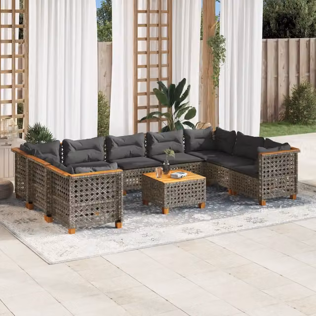 Set Divano da Giardino a Forma di U vidaXL in Polyrattan Grigio con Cuscini e Tavolino da Esterno – 1