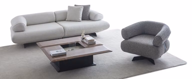 Weiß-graues Wohnzimmer Set Designer Stoffsofa Sessel Holz Couchtisch