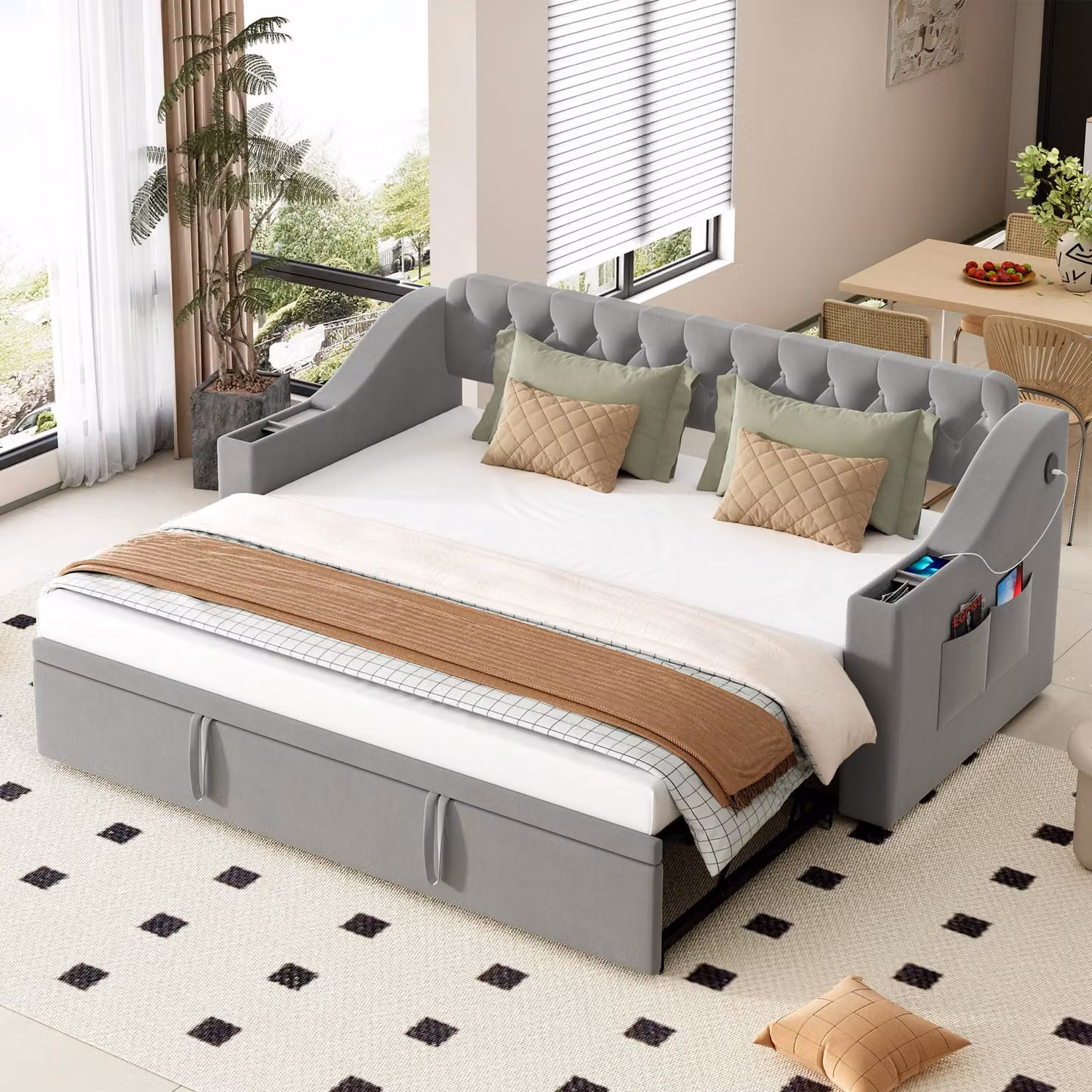 Divano letto imbottito Fortuna Lai, 90/180*190 cm, braccioli più larghi e spessi con porta USB, vano portaoggetti integrato nei braccioli, con tasche portaoggetti, con rete a doghe, tessuto in velluto, grigio