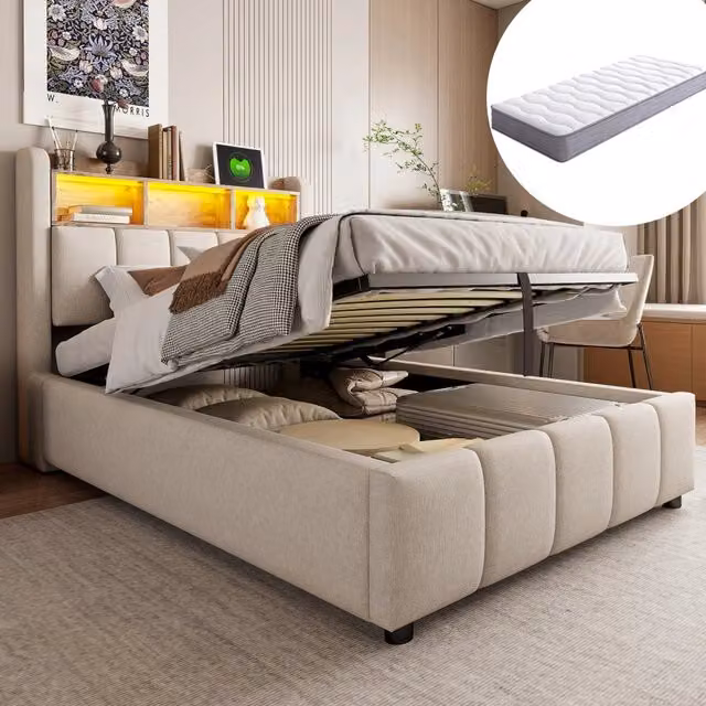 letto imbottito lino beige 90 x 200 cm
