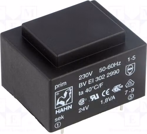 1 trasformatore: rivestito, 75mA, 230VAC, 24V, 1,8VA. Montaggio: BV EI 302 2990 - Trasformatore
