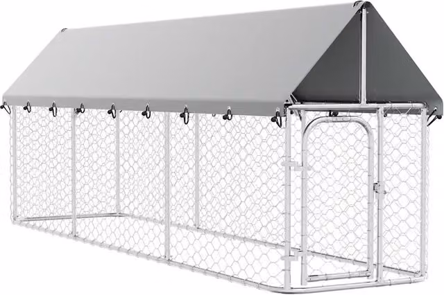 Gabbia per cani da esterno con tetto resistente alle intemperie in metallo bianco e argento L: 400 cm, P: 100 cm, H: 150 cm