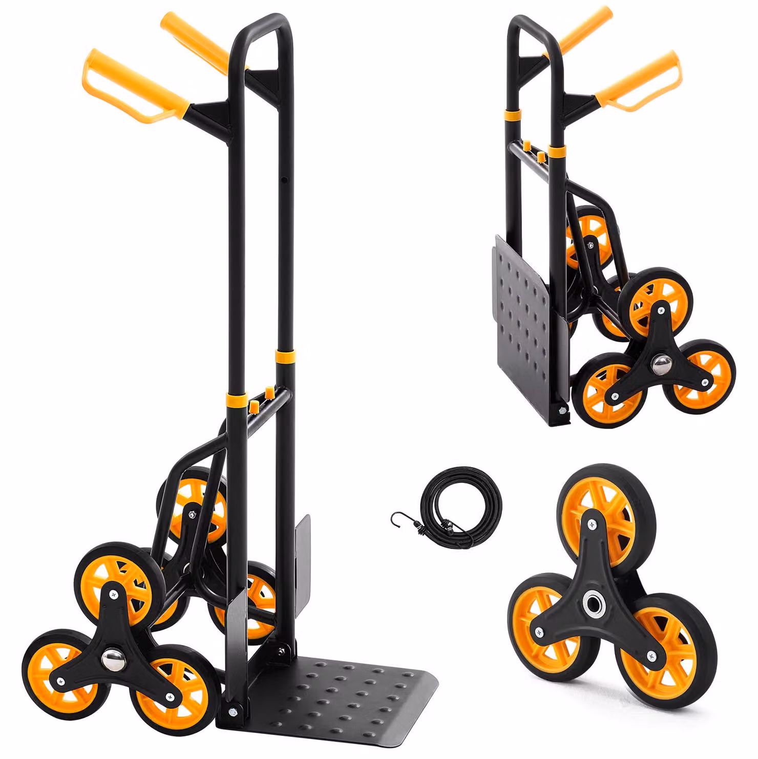 Carrello pieghevole per scale SucceBuy, con capacità di carico di 150 kg, ideale per trasportare oggetti su scale. Dotato di manico telescopico, 6 ruote e 2 cinghie di fissaggio, è un carrello versatile per uso domestico, per la spesa e per lavori di maga