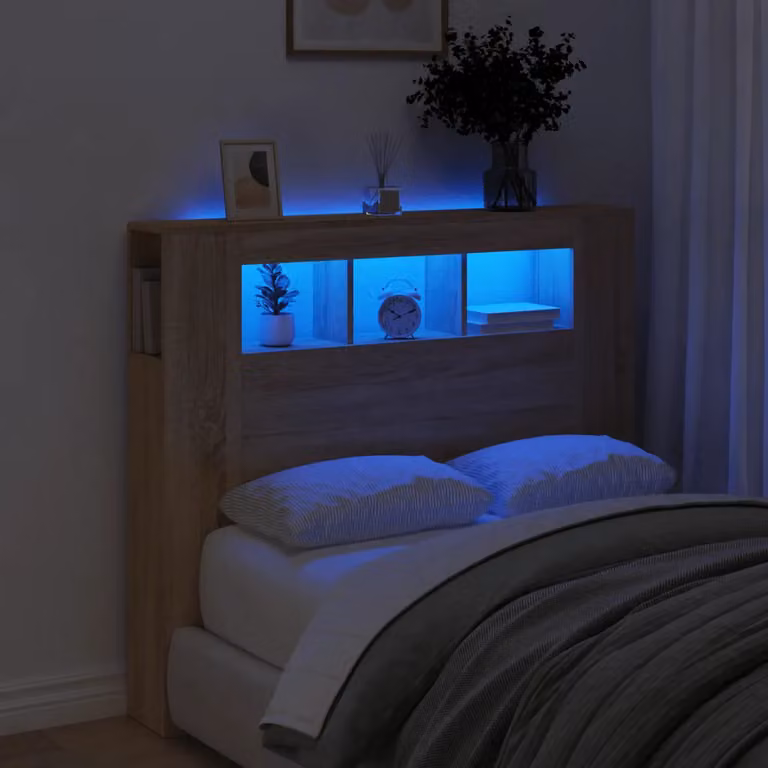 Testiera con LED vidaXL in Rovere Sonoma, Legno Multistrato Marrone con Porta USB e Ripiano Integrato, L 120 x P 18,5 x H 103,5 cm