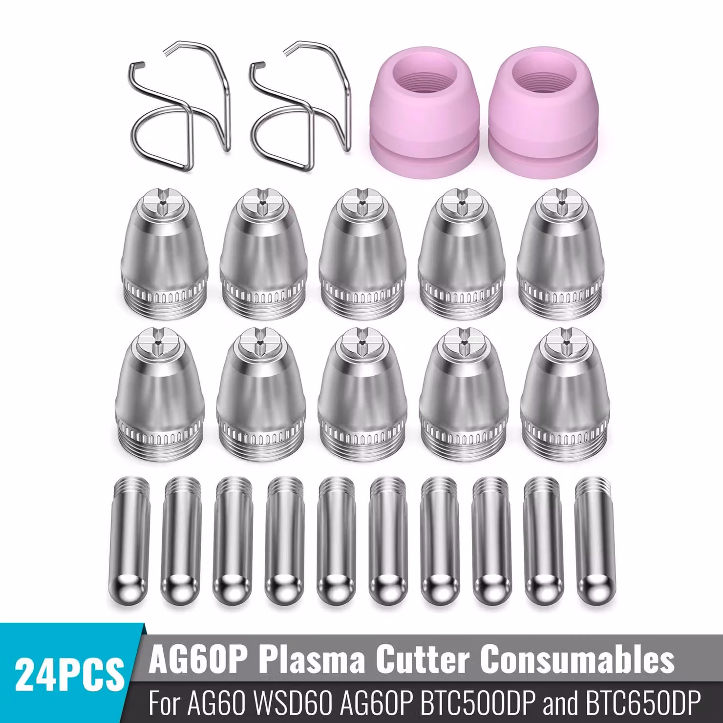Accessori per saldatrici al plasma - Set di ugelli per torcia AG60P - 24 pezzi. Materiale di consumo: ugelli e punte. Compatibile con AG60, WSD60, AG60P, BTC500DP
