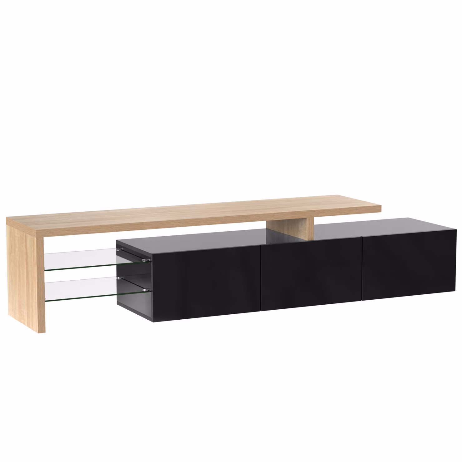 Mobile TV Moderno Aosom con Illuminazione LED e Ripiani in Vetro, Nero Lucido ed Effetto Legno, L: 197,5 cm, P: 39,0 cm, H: 42,0 cm – 2