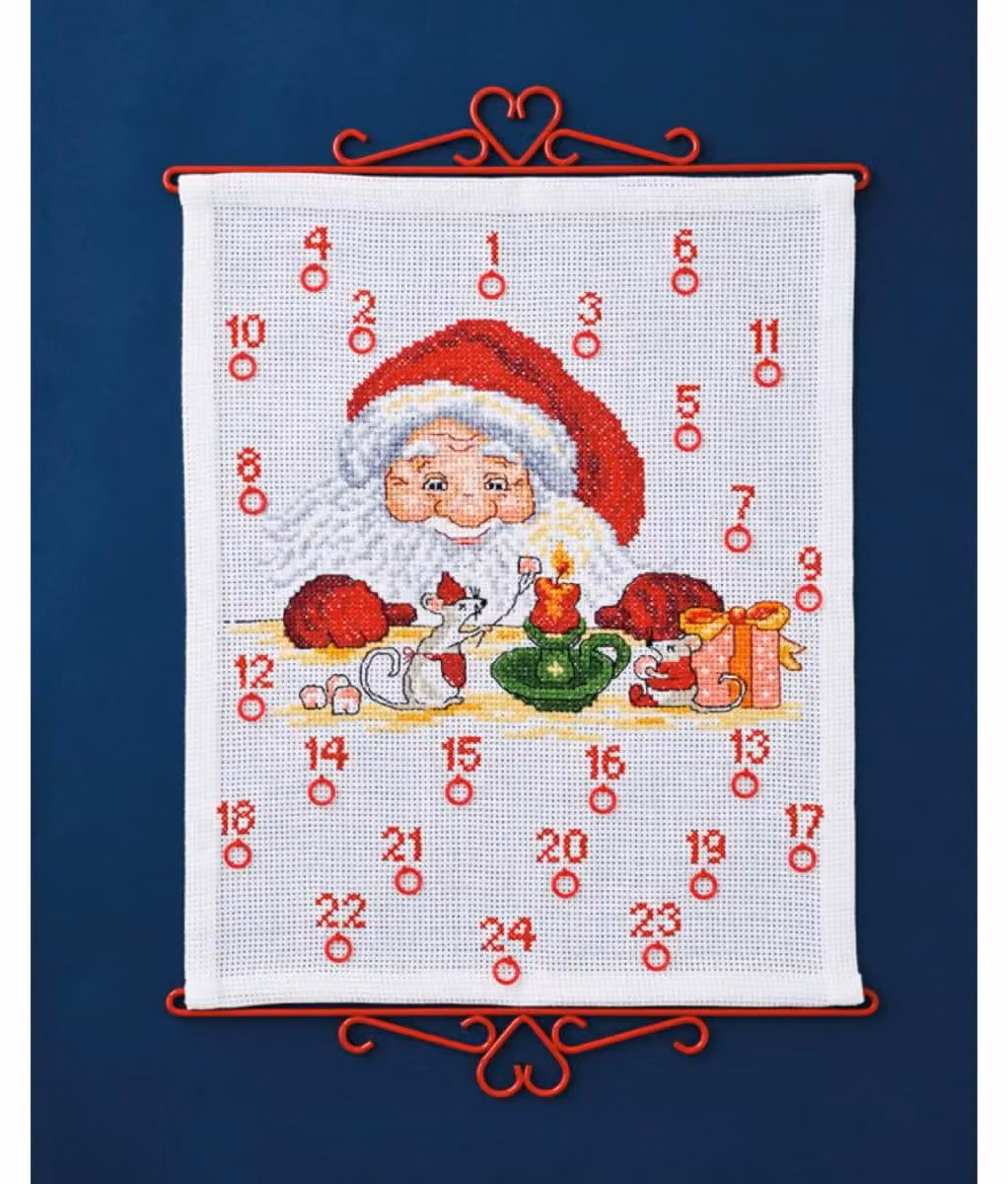 Kit per ricamo a punto croce, calendario dell'Avvento con tema natalizio: Babbo Natale e topolini, dimensioni 38x46 cm