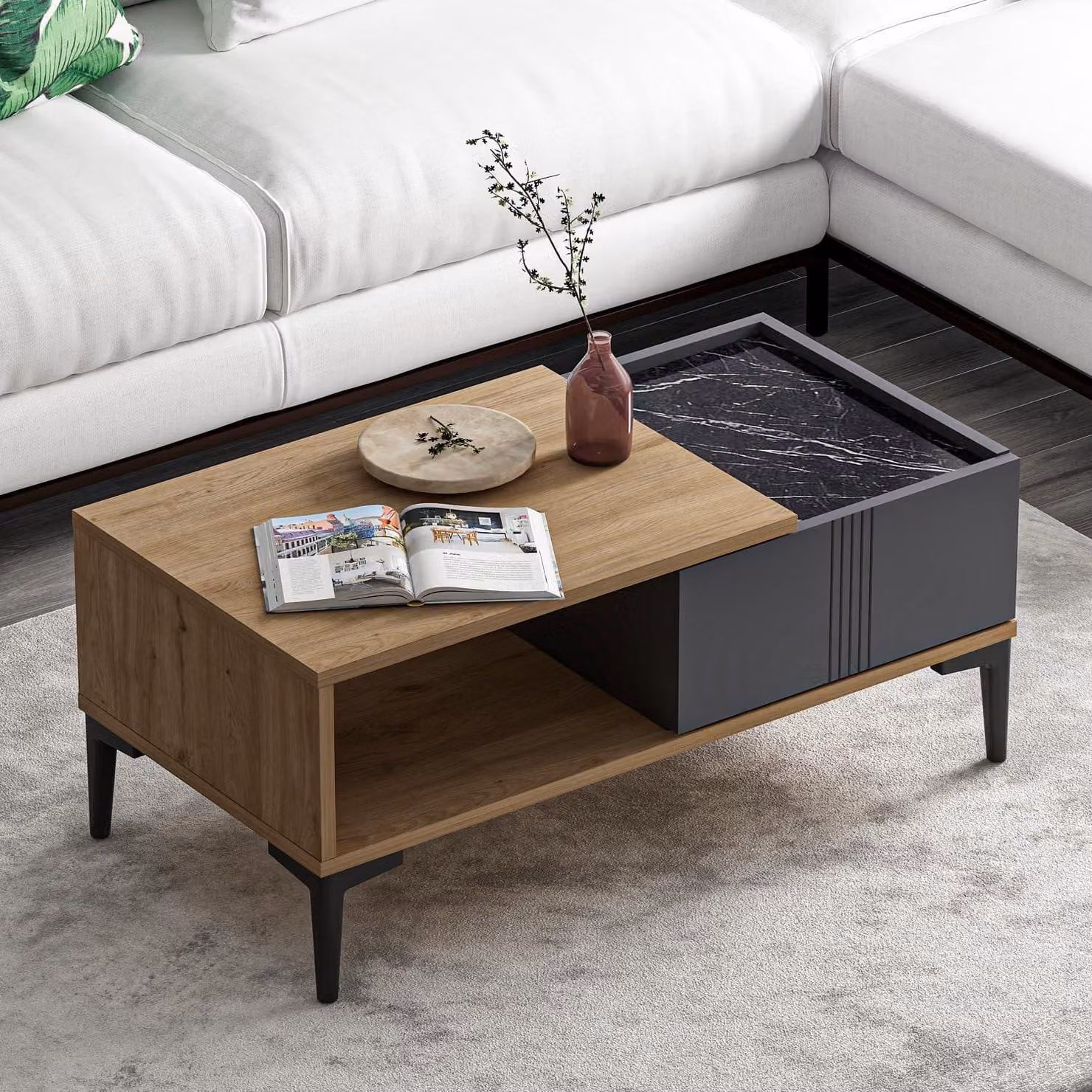 HOMIDEA Modena: Tavolino da salotto 90 cm - Tavolino rettangolare con vano contenitore - Design moderno scandinavo - Rovere/Antracite