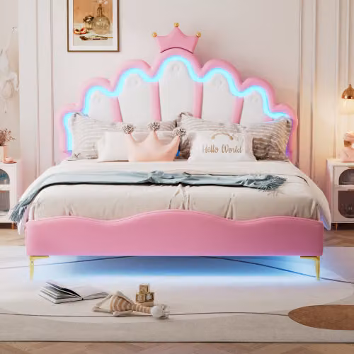 Letto imbottito AIORBER, letto matrimoniale, 140*200 cm, design a nuvola, forma a , luce ambientale a LED con telecomando, Finto cuoio, letto regolabile in altezza, rosa