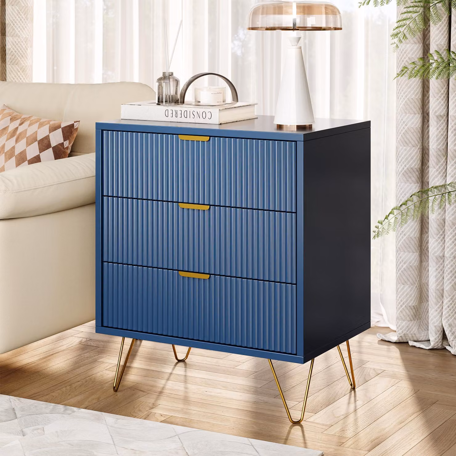 Cassettiera con gambe e maniglie in metallo dorato, robusta e durevole, con 3 cassetti, blu