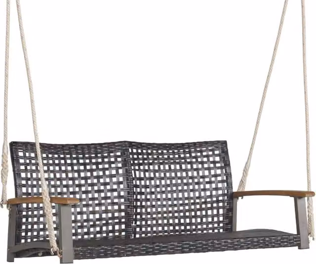 Costway Dondolo Sospeso da Esterno a 2 Posti in Rattan PE con Braccioli in Legno di Acacia, L 131 x P 68 x H 54 cm, Marrone e Nero – 1